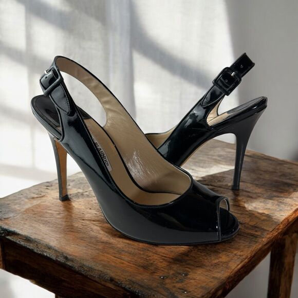 Manolo Blahnik Shoes - Manolo Blahnik Black Patent Leather Slingback Pump Peep Toe High Heels 38 US 8